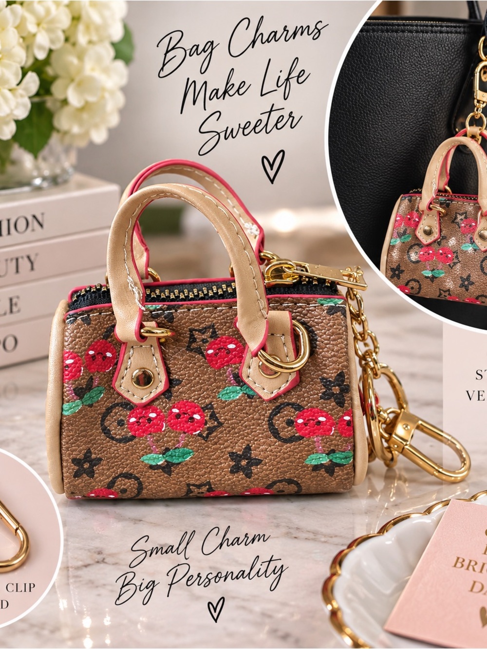 Cherry Mini Handbag Bag Charm Keychain â Brown & Pink Purse Accessory